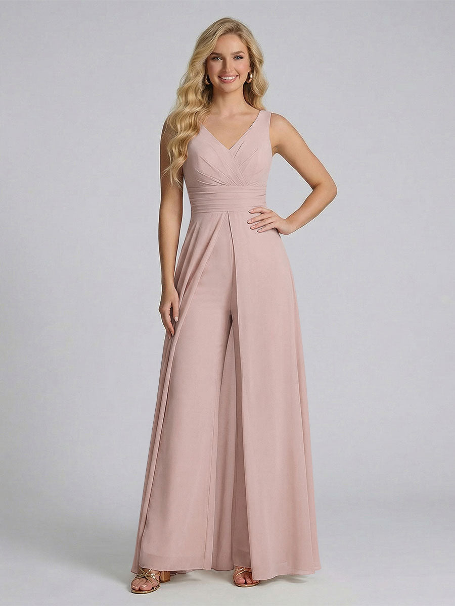 Jumpsuit V-Neck Sleeveless Chiffon Bridesmaid Dresses with Split Side Dusty Pink