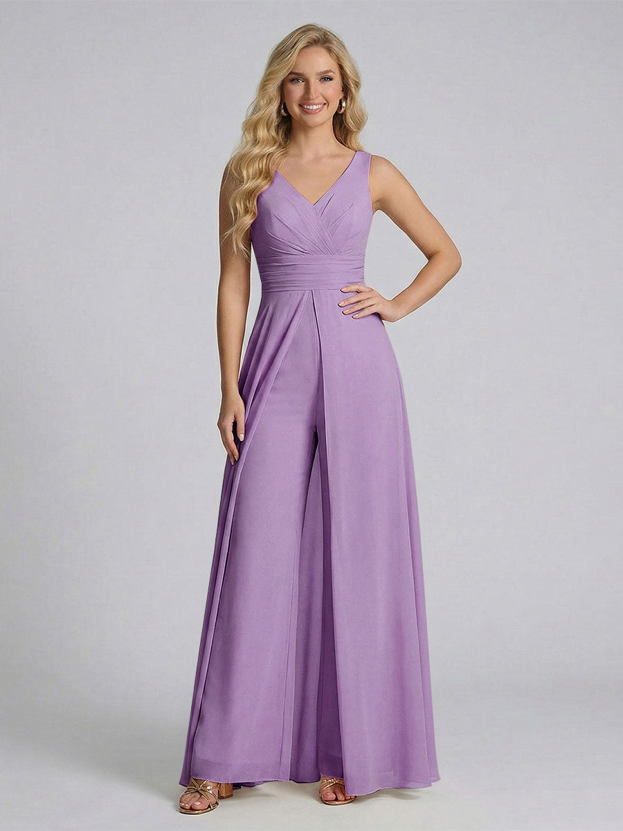 Jumpsuit V-Neck Sleeveless Chiffon Bridesmaid Dresses with Split Side Dusty Purple
