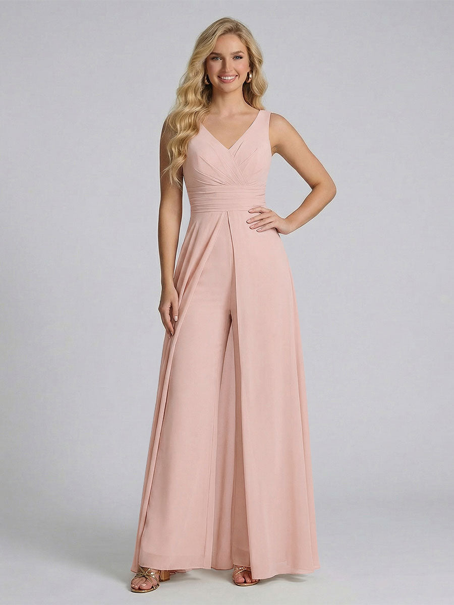 Jumpsuit V-Neck Sleeveless Chiffon Bridesmaid Dresses with Split Side Dusty Rose