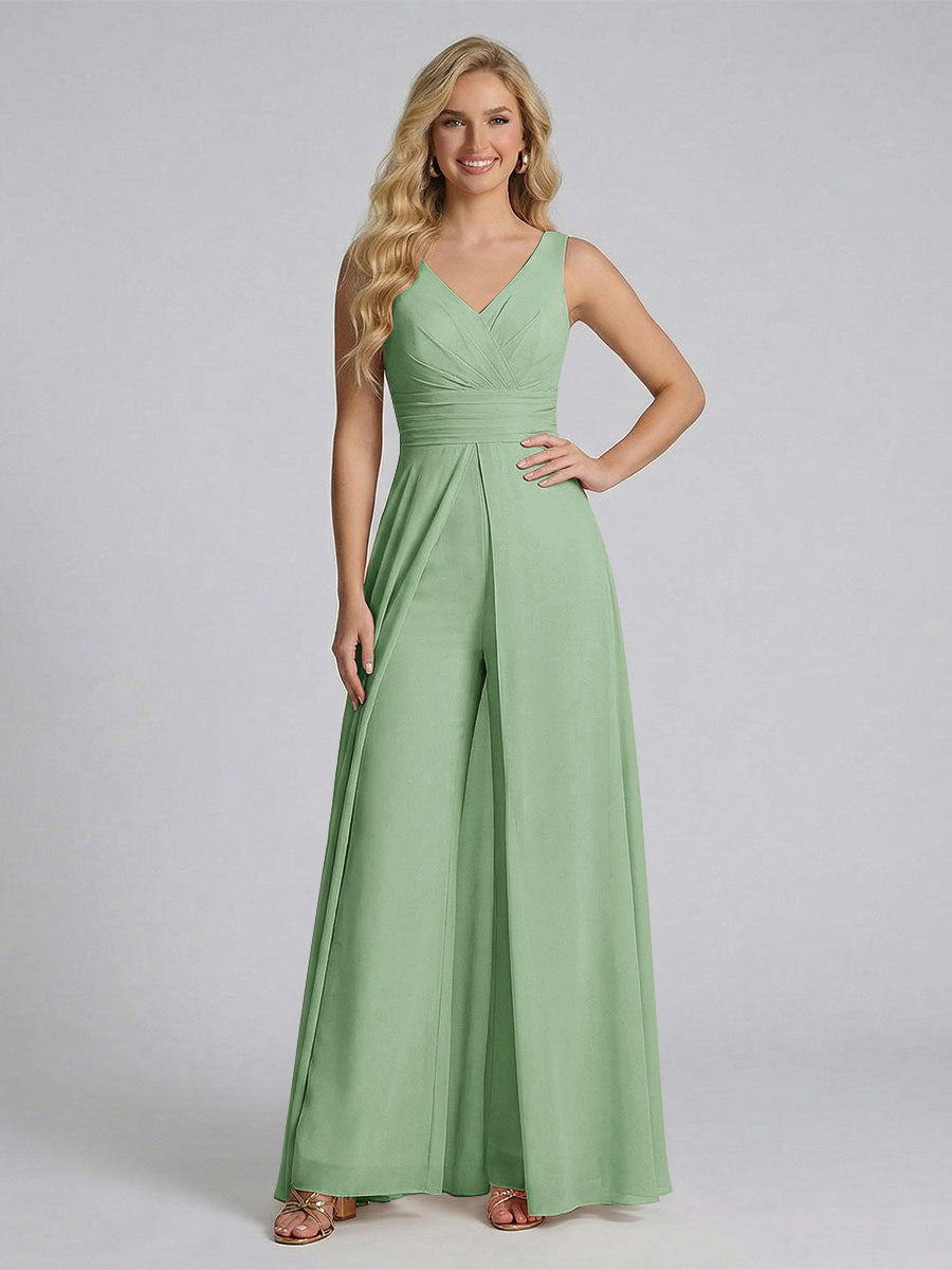 Jumpsuit V-Neck Sleeveless Chiffon Bridesmaid Dresses with Split Side Dusty Sage