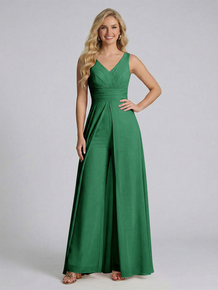 Jumpsuit V-Neck Sleeveless Chiffon Bridesmaid Dresses with Split Side Emerald
