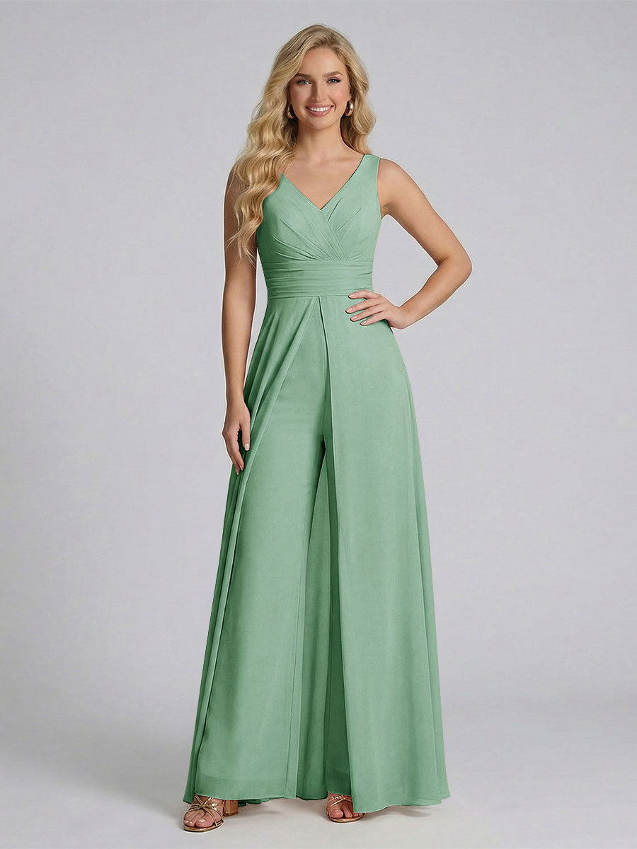 Jumpsuit V-Neck Sleeveless Chiffon Bridesmaid Dresses with Split Side Eucalyptus