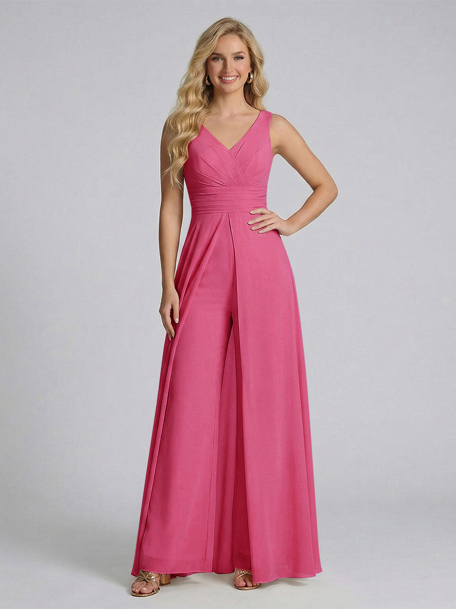 Jumpsuit V-Neck Sleeveless Chiffon Bridesmaid Dresses with Split Side Fuchsia