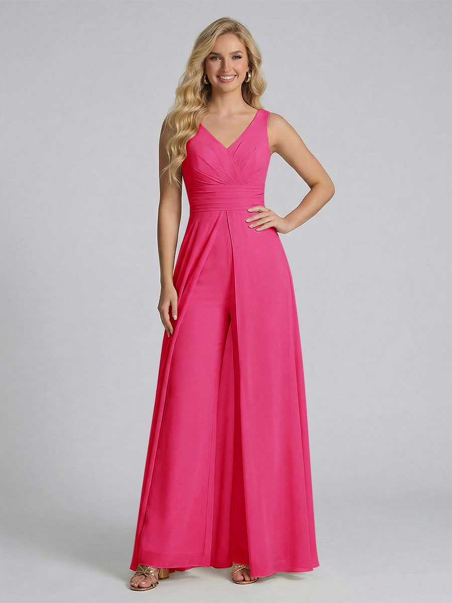Jumpsuit V-Neck Sleeveless Chiffon Bridesmaid Dresses with Split Side Fuchsia Pink