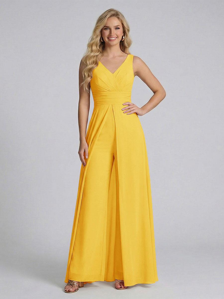 Jumpsuit V-Neck Sleeveless Chiffon Bridesmaid Dresses with Split Side Gold