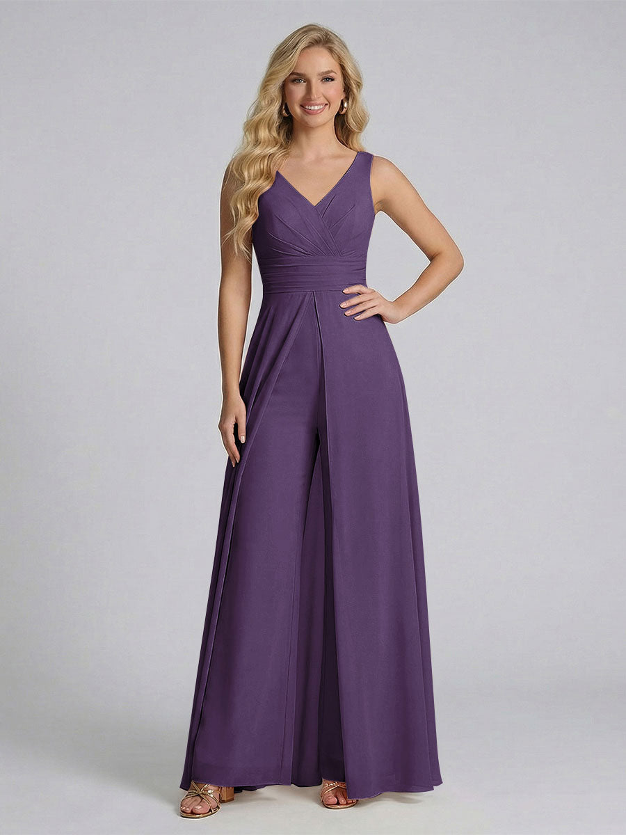 Jumpsuit V-Neck Sleeveless Chiffon Bridesmaid Dresses with Split Side Grape