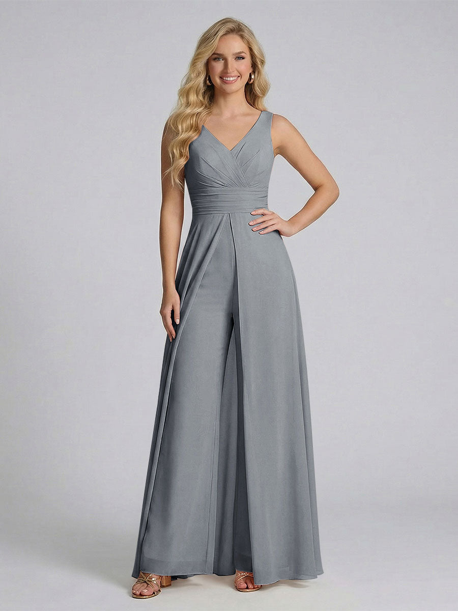 Jumpsuit V-Neck Sleeveless Chiffon Bridesmaid Dresses with Split Side Gray