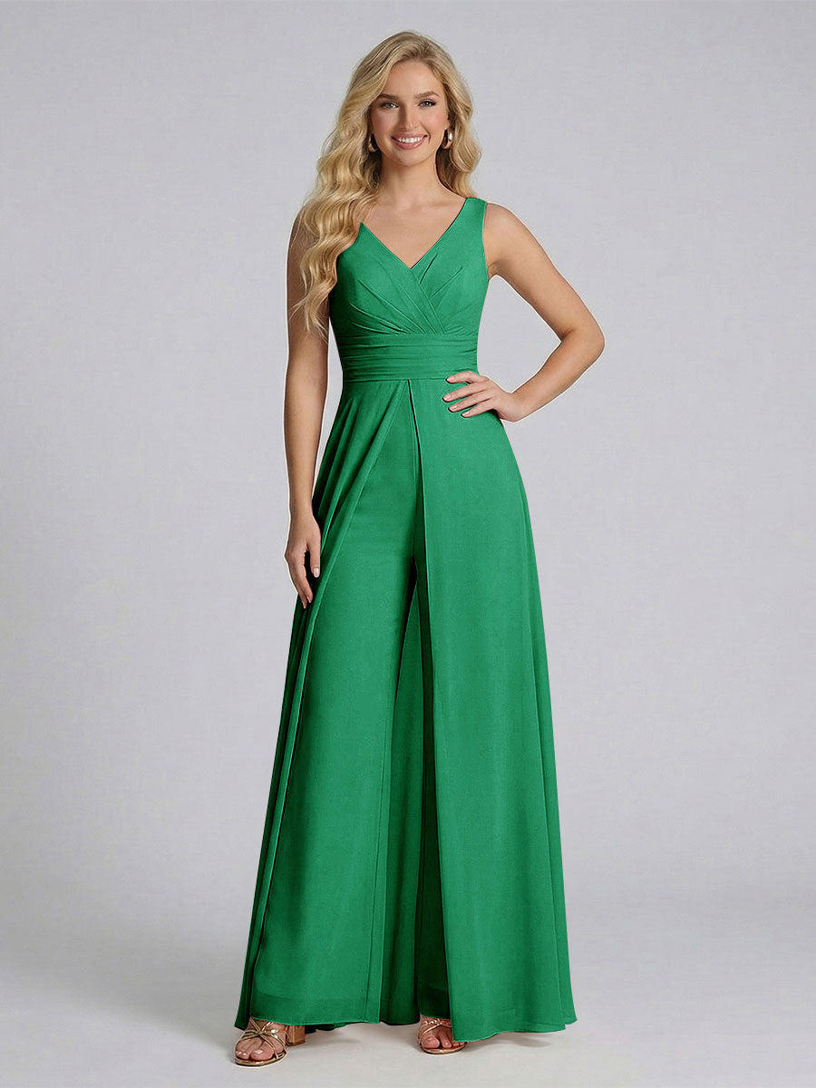 Jumpsuit V-Neck Sleeveless Chiffon Bridesmaid Dresses with Split Side Green