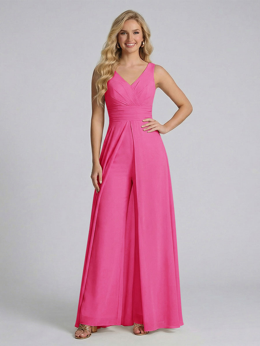 Jumpsuit V-Neck Sleeveless Chiffon Bridesmaid Dresses with Split Side Hot Pink