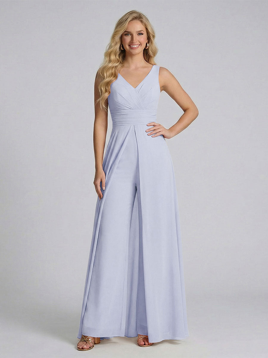 Jumpsuit V-Neck Sleeveless Chiffon Bridesmaid Dresses with Split Side Lavender