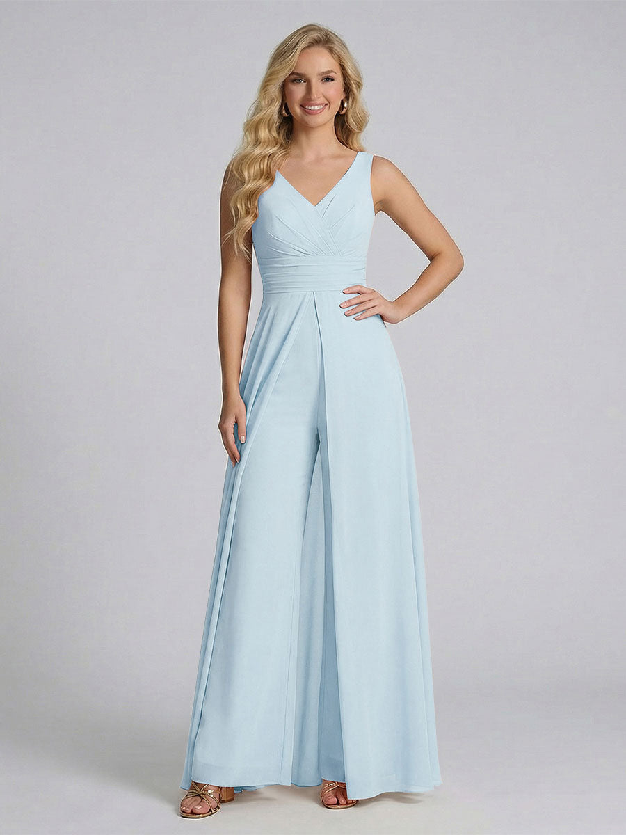 Jumpsuit V-Neck Sleeveless Chiffon Bridesmaid Dresses with Split Side Light Blue
