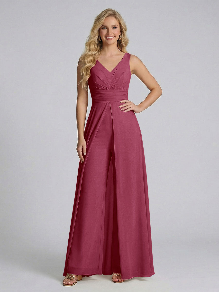 Jumpsuit V-Neck Sleeveless Chiffon Bridesmaid Dresses with Split Side Light Burgundy