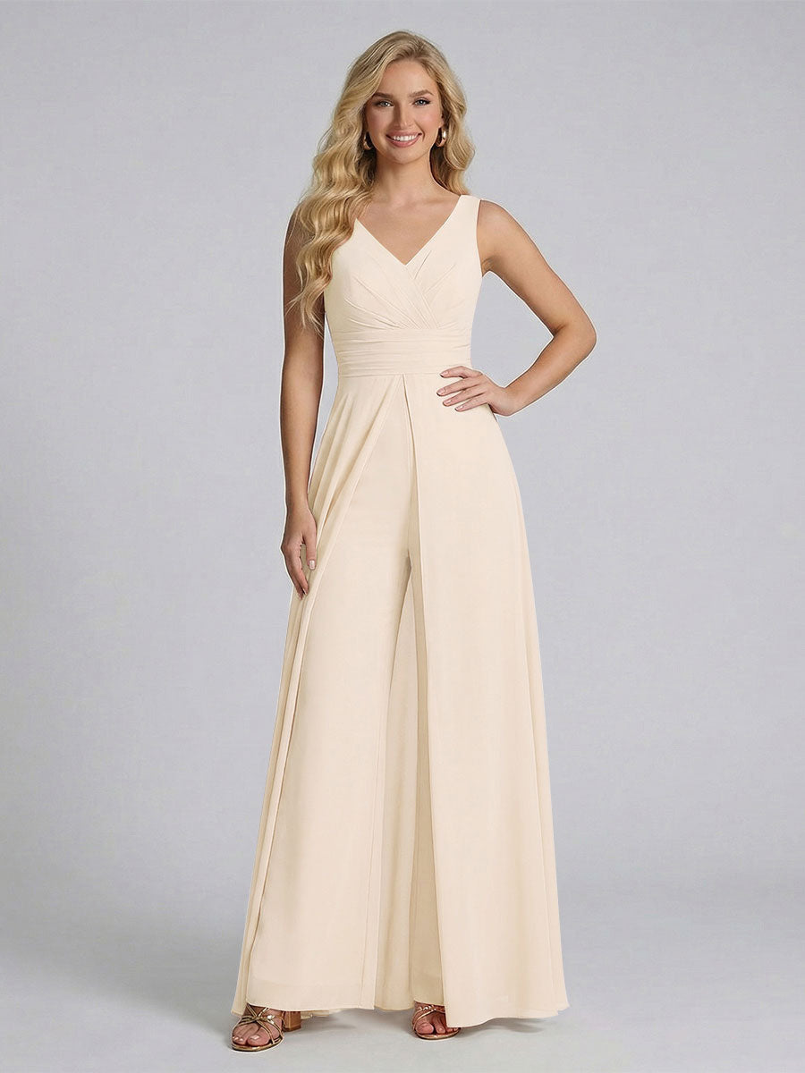 Jumpsuit V-Neck Sleeveless Chiffon Bridesmaid Dresses with Split Side Light Champagne