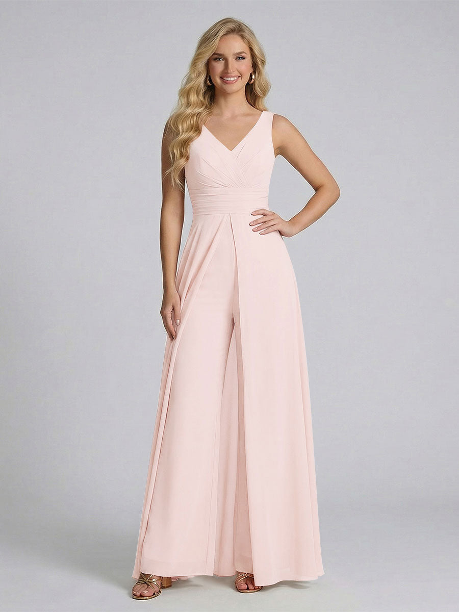 Jumpsuit V-Neck Sleeveless Chiffon Bridesmaid Dresses with Split Side Light Pink