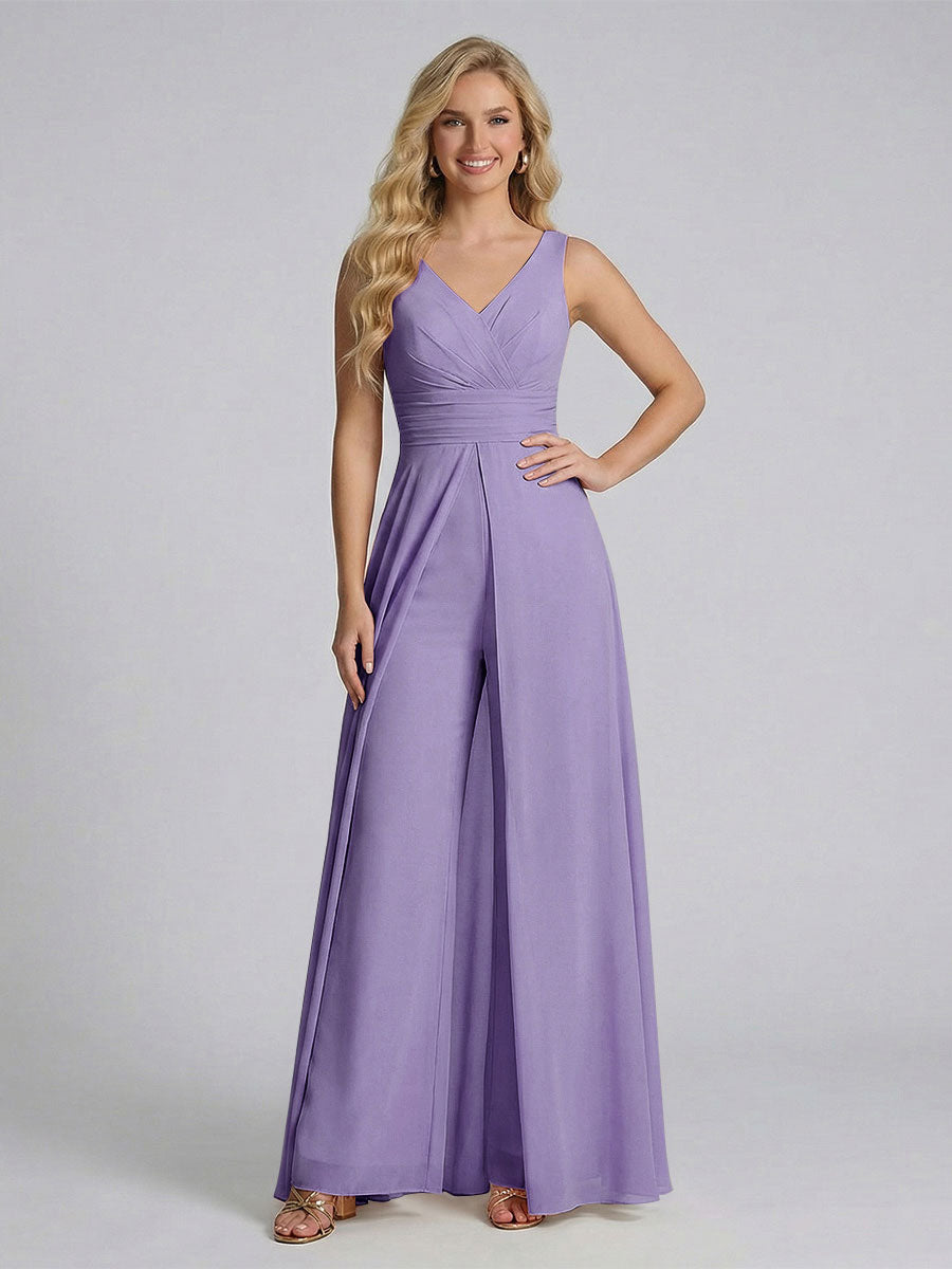 Jumpsuit V-Neck Sleeveless Chiffon Bridesmaid Dresses with Split Side Light Purple