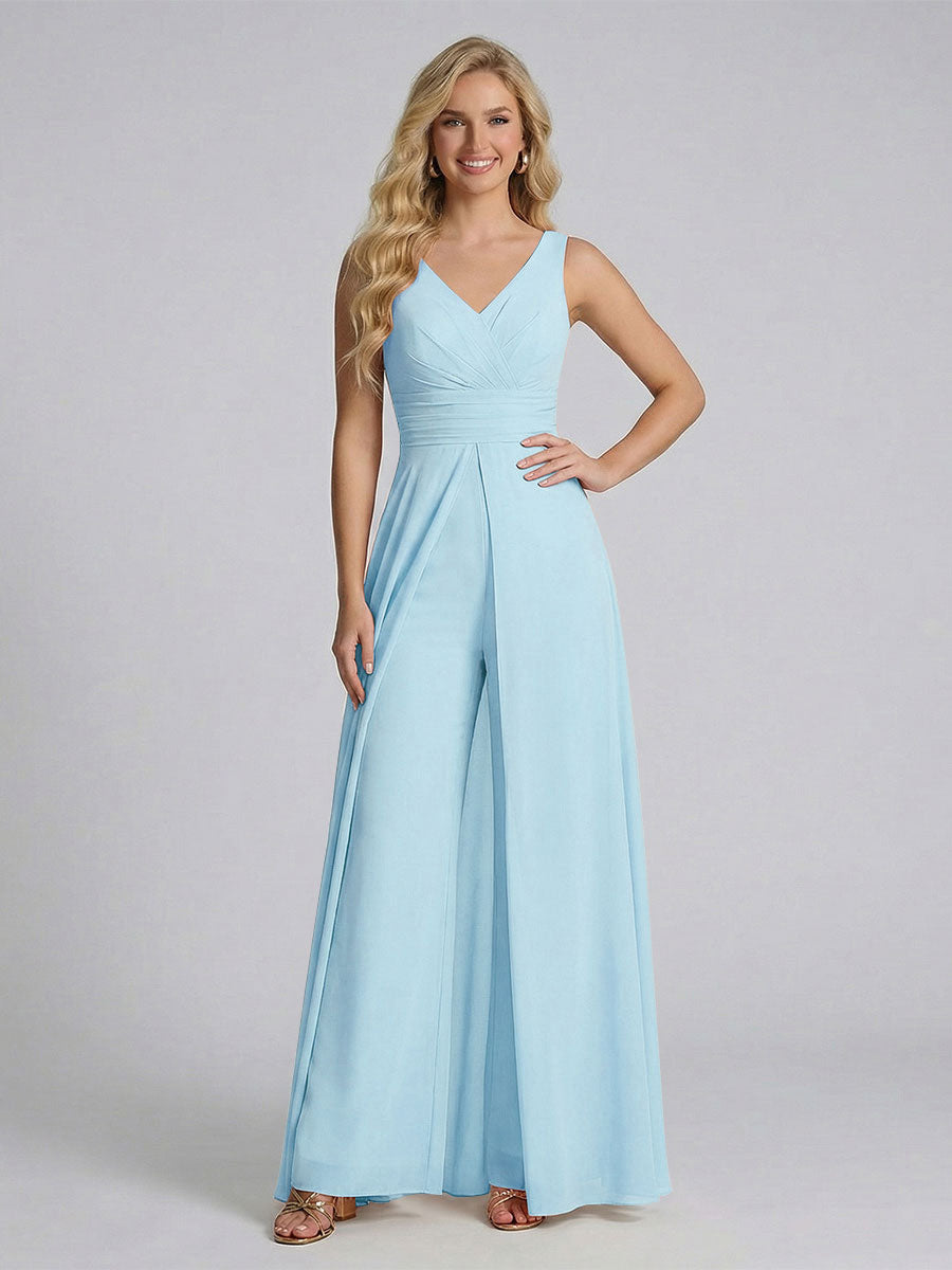 Jumpsuit V-Neck Sleeveless Chiffon Bridesmaid Dresses with Split Side Light Sky Blue