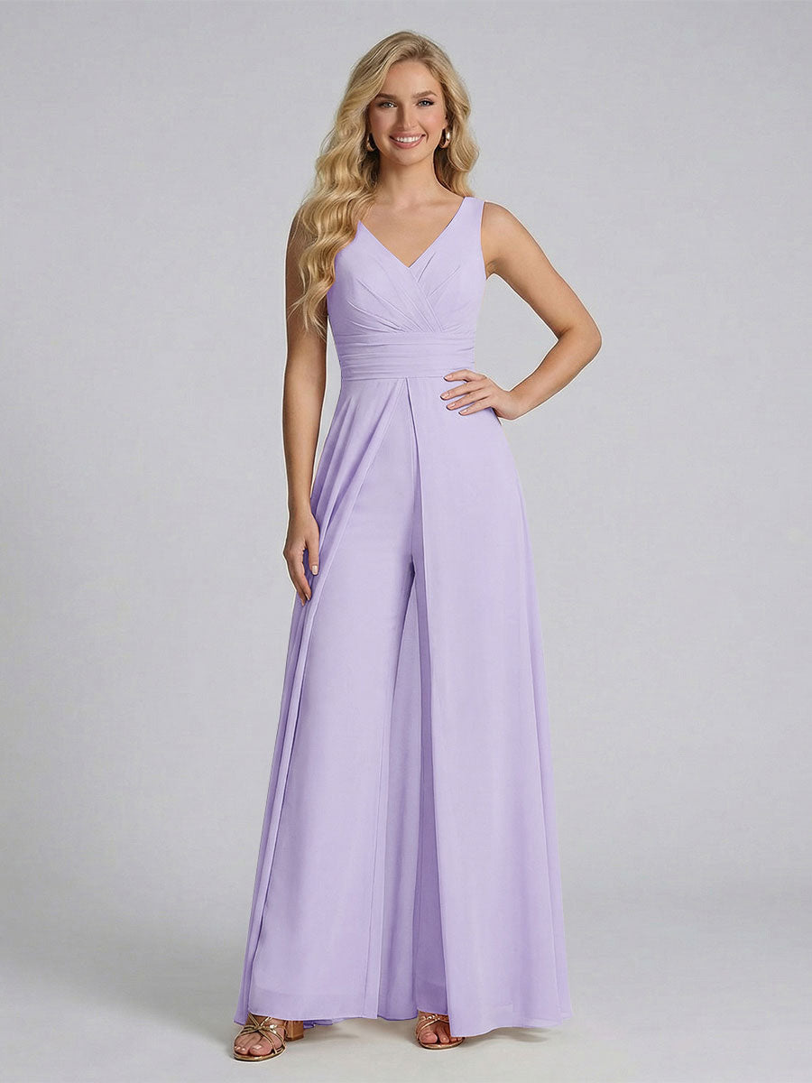 Jumpsuit V-Neck Sleeveless Chiffon Bridesmaid Dresses with Split Side Lilac
