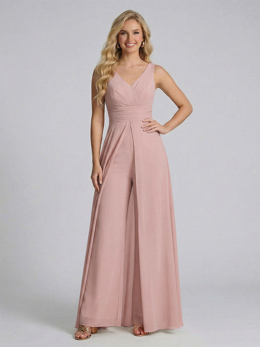 Jumpsuit V-Neck Sleeveless Chiffon Bridesmaid Dresses with Split Side Mauve