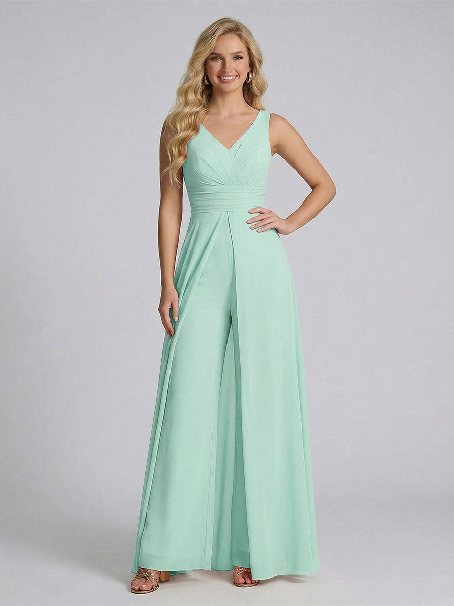 Jumpsuit V-Neck Sleeveless Chiffon Bridesmaid Dresses with Split Side Mint Green