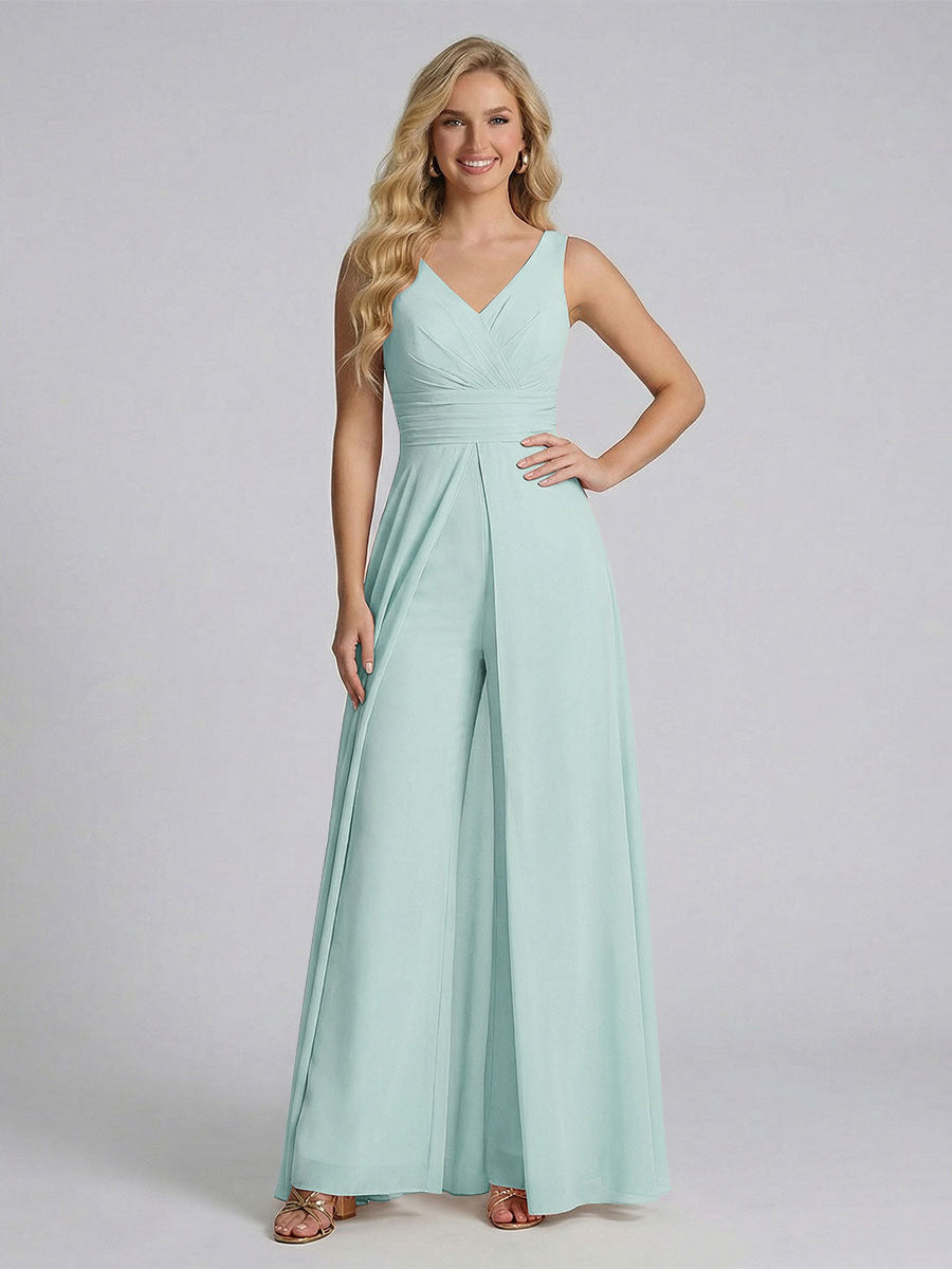 Jumpsuit V-Neck Sleeveless Chiffon Bridesmaid Dresses with Split Side Mist Blue