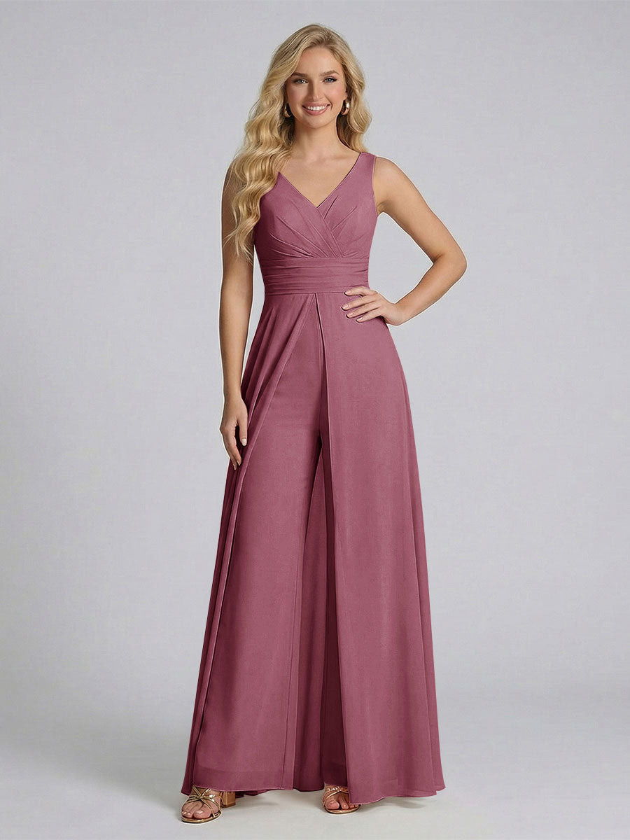 Jumpsuit V-Neck Sleeveless Chiffon Bridesmaid Dresses with Split Side Mulberry