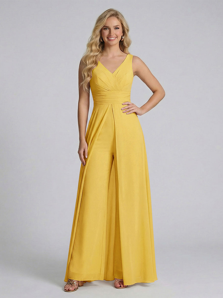 Jumpsuit V-Neck Sleeveless Chiffon Bridesmaid Dresses with Split Side Mustard Yellow