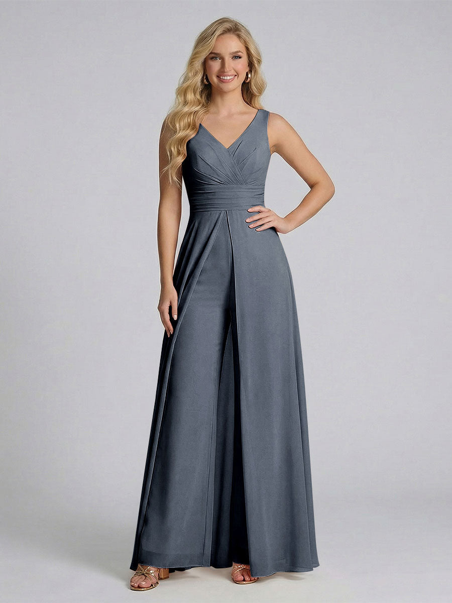 Jumpsuit V-Neck Sleeveless Chiffon Bridesmaid Dresses with Split Side Navy Blue