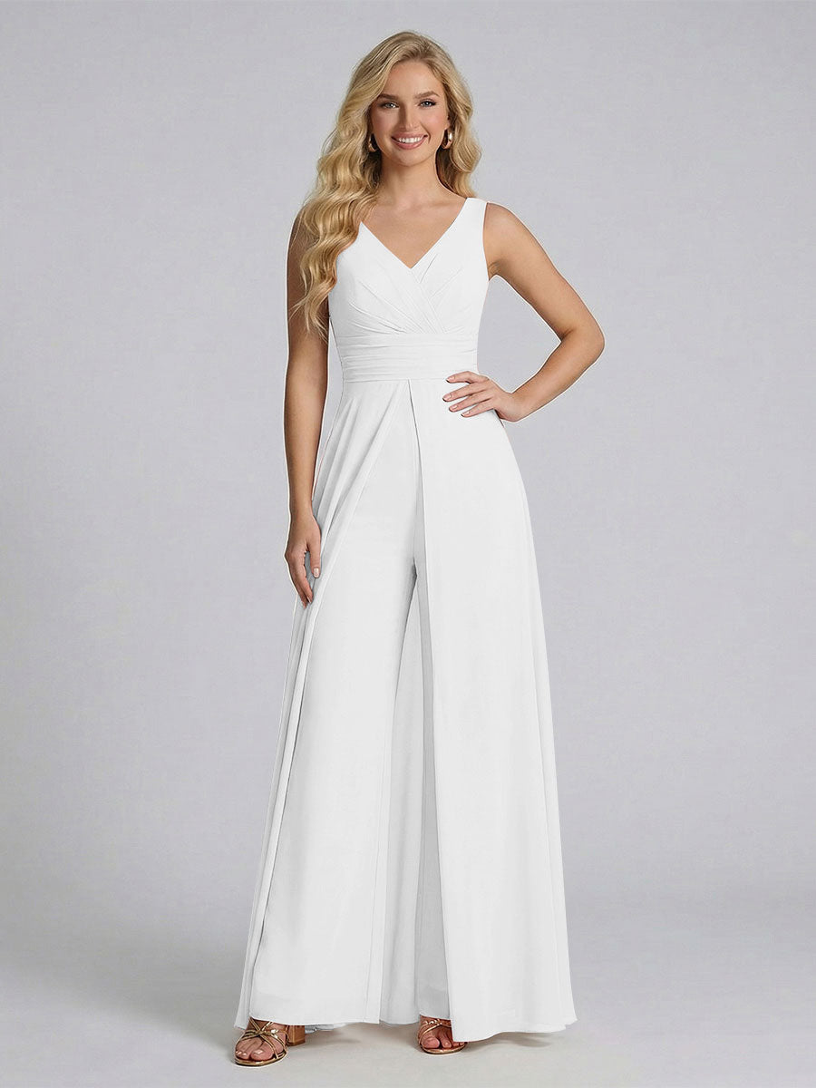 Jumpsuit V-Neck Sleeveless Chiffon Bridesmaid Dresses with Split Side Off White