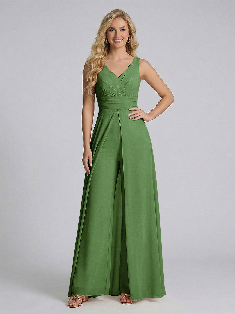 Jumpsuit V-Neck Sleeveless Chiffon Bridesmaid Dresses with Split Side Olive Green