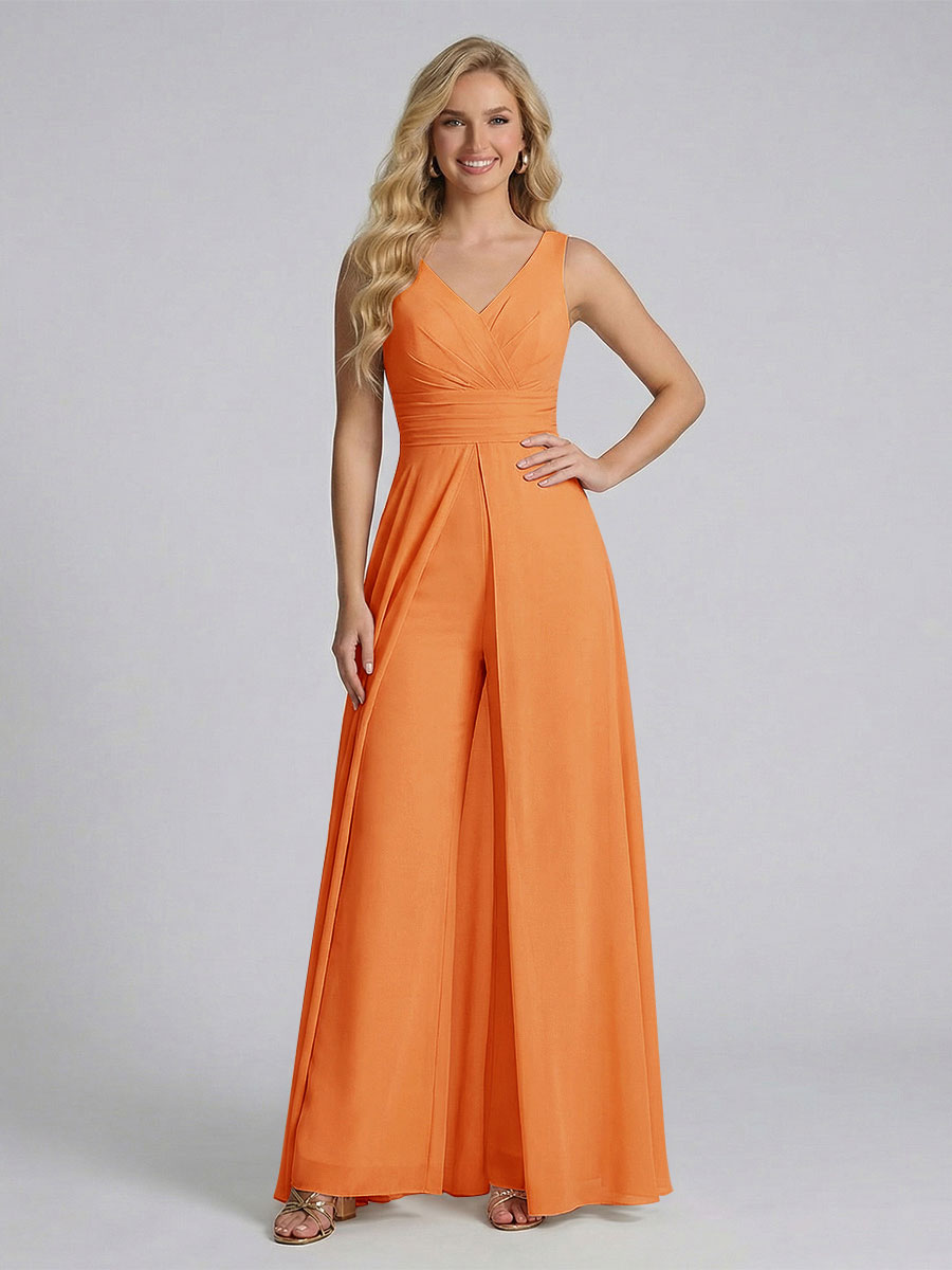 Jumpsuit V-Neck Sleeveless Chiffon Bridesmaid Dresses with Split Side Orange