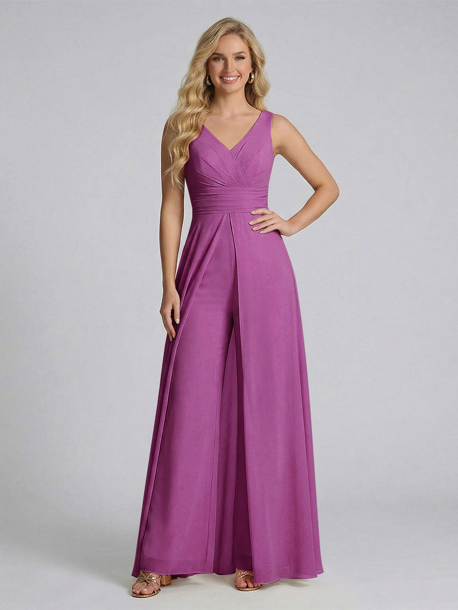 Jumpsuit V-Neck Sleeveless Chiffon Bridesmaid Dresses with Split Side Orchid