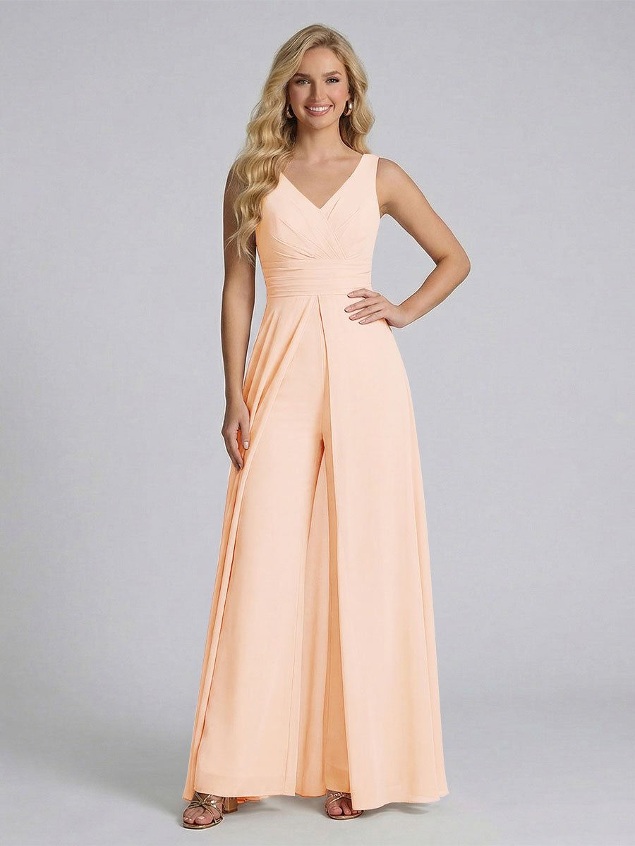 Jumpsuit V-Neck Sleeveless Chiffon Bridesmaid Dresses with Split Side Peach Pink