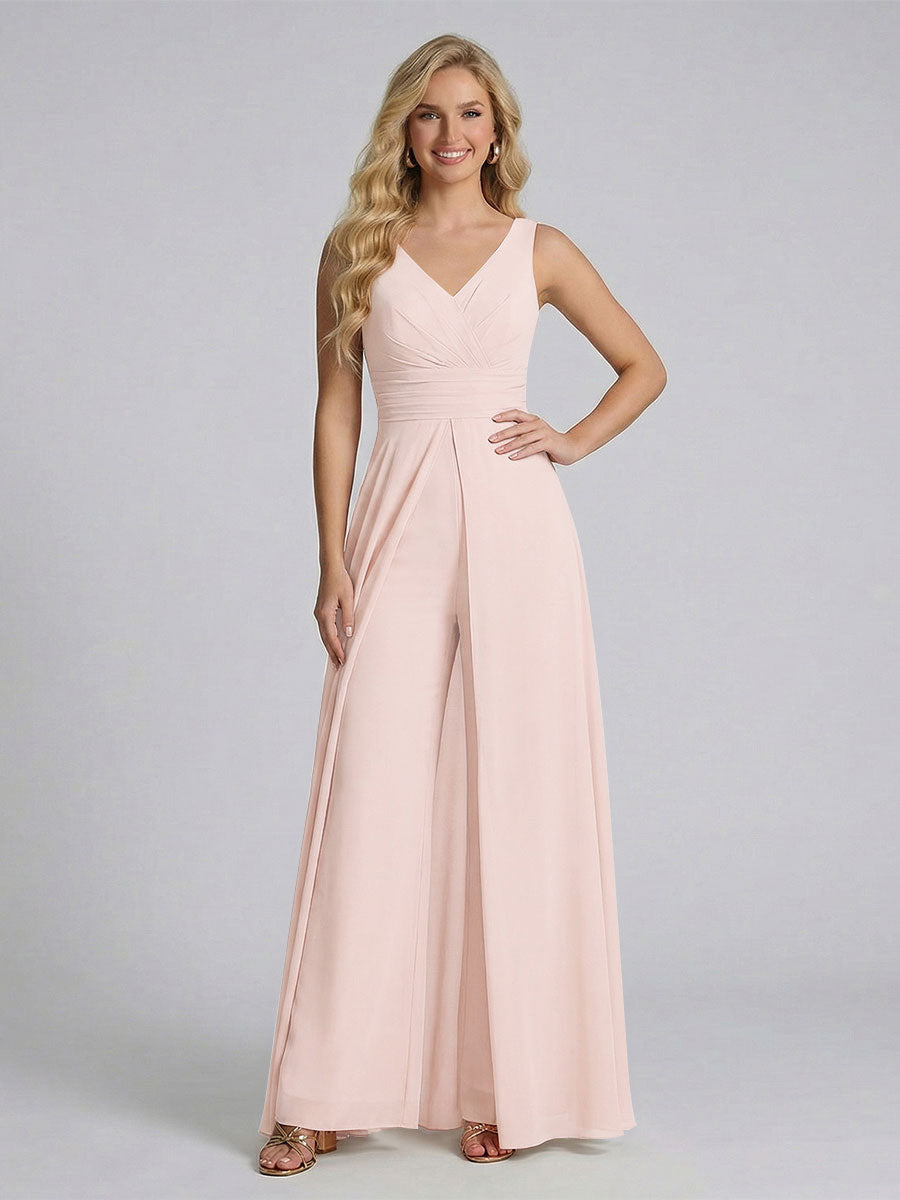 Jumpsuit V-Neck Sleeveless Chiffon Bridesmaid Dresses with Split Side Pearl Pink