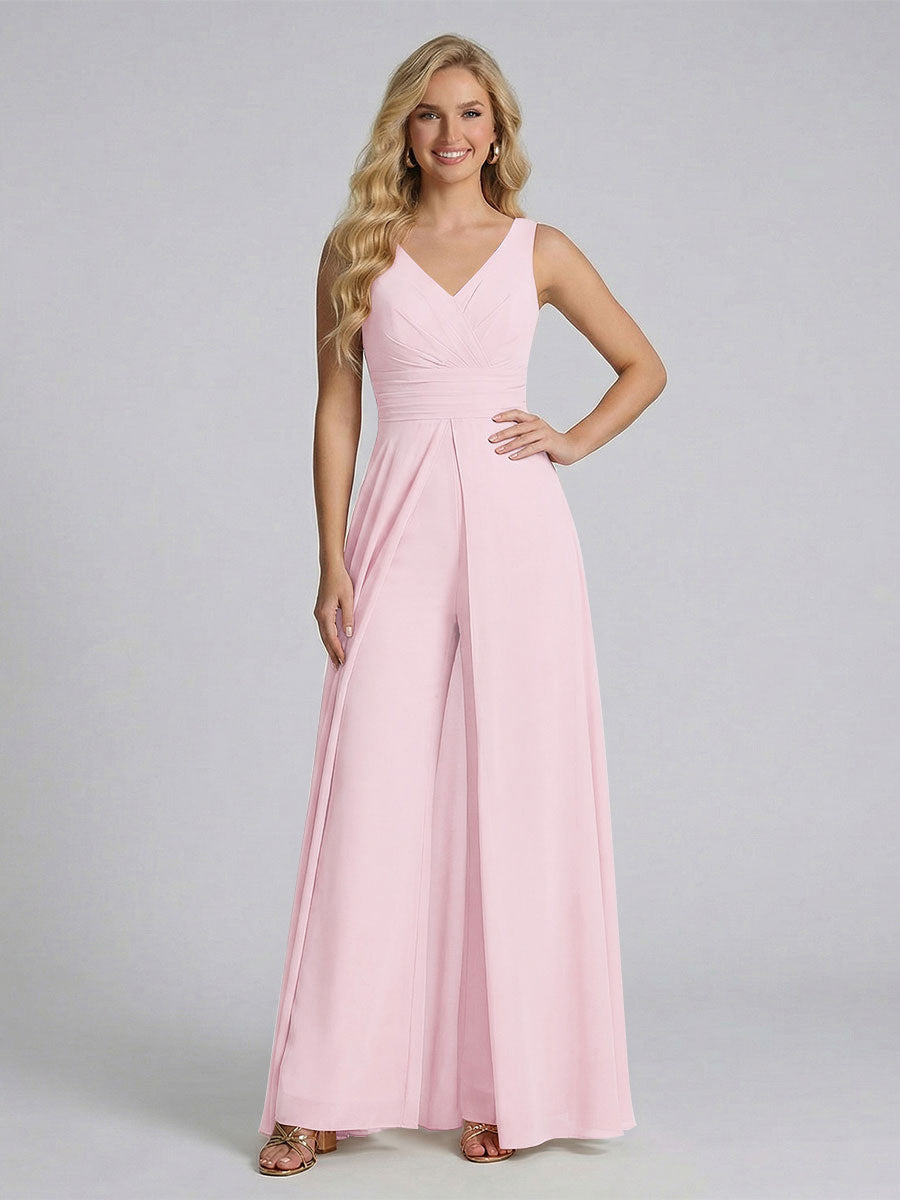 Jumpsuit V-Neck Sleeveless Chiffon Bridesmaid Dresses with Split Side Pink