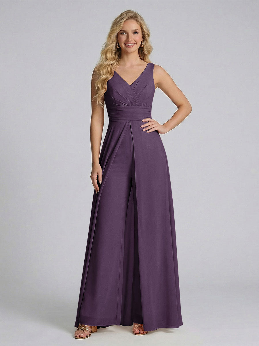 Jumpsuit V-Neck Sleeveless Chiffon Bridesmaid Dresses with Split Side Plum