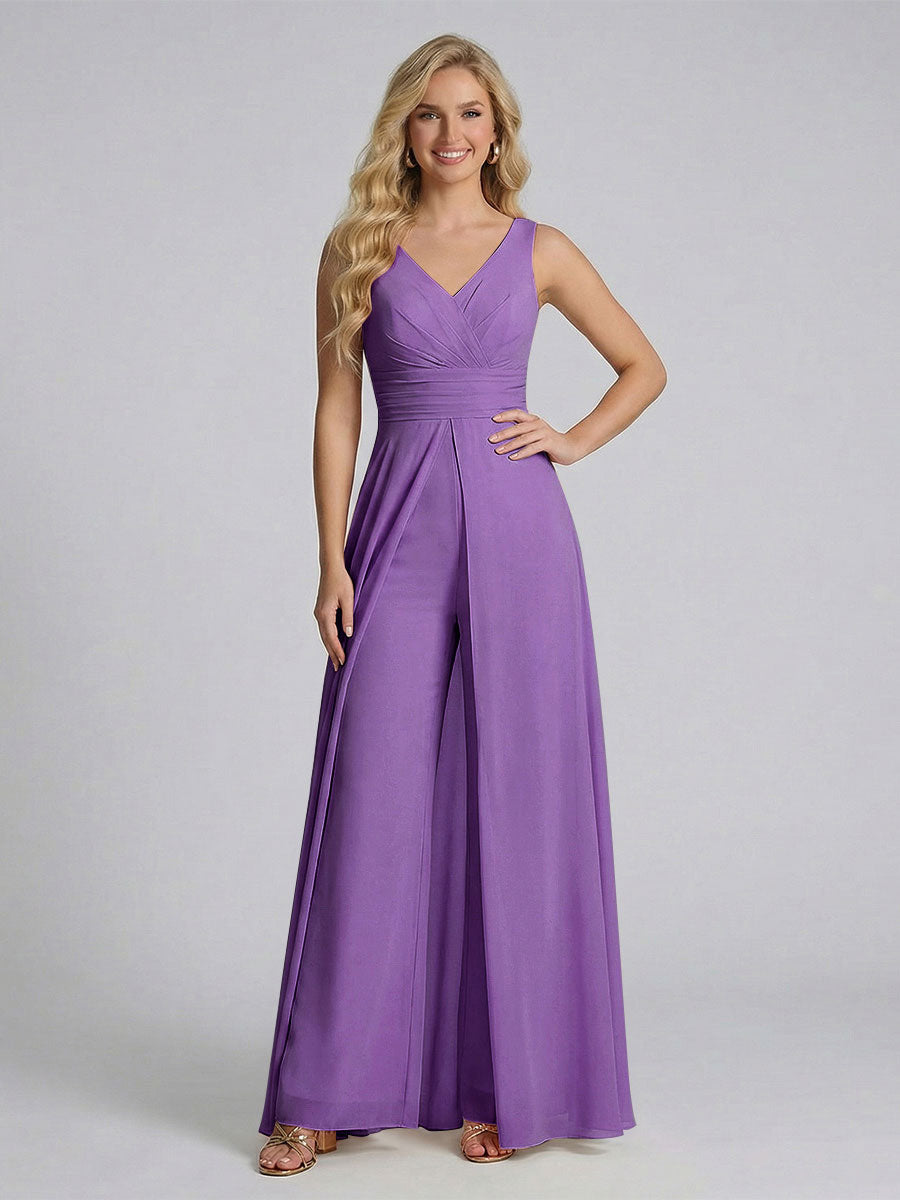 Jumpsuit V-Neck Sleeveless Chiffon Bridesmaid Dresses with Split Side Purple