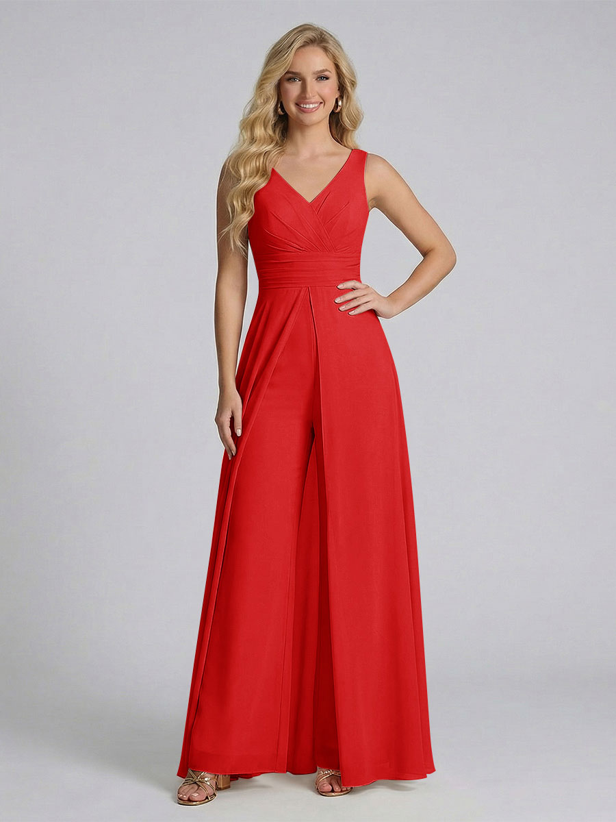Jumpsuit V-Neck Sleeveless Chiffon Bridesmaid Dresses with Split Side Red