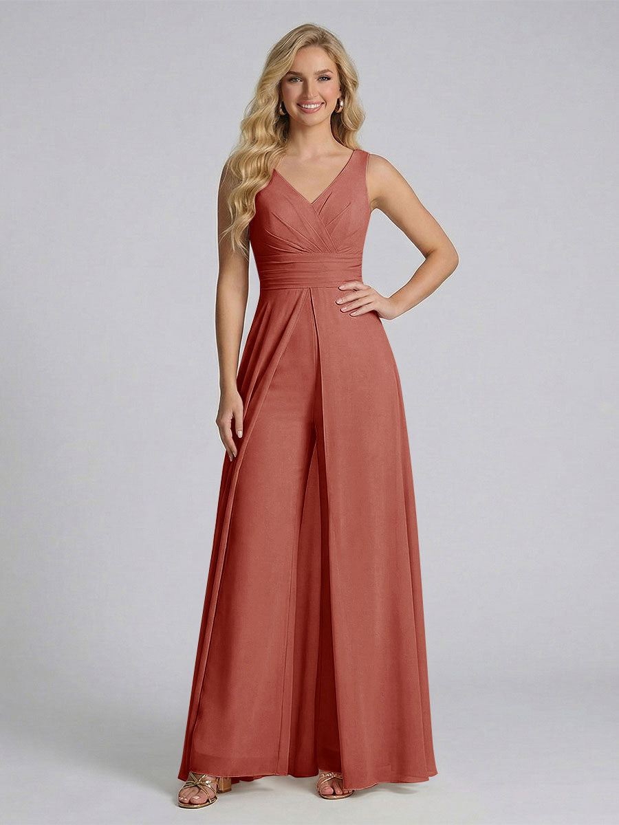 Jumpsuit V-Neck Sleeveless Chiffon Bridesmaid Dresses with Split Side Rust