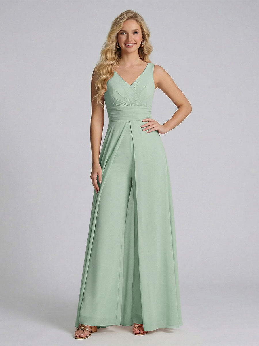 Jumpsuit V-Neck Sleeveless Chiffon Bridesmaid Dresses with Split Side Sage