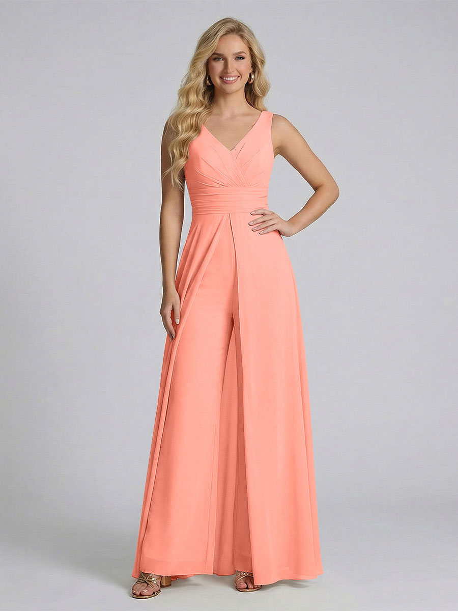 Jumpsuit V-Neck Sleeveless Chiffon Bridesmaid Dresses with Split Side Salmon