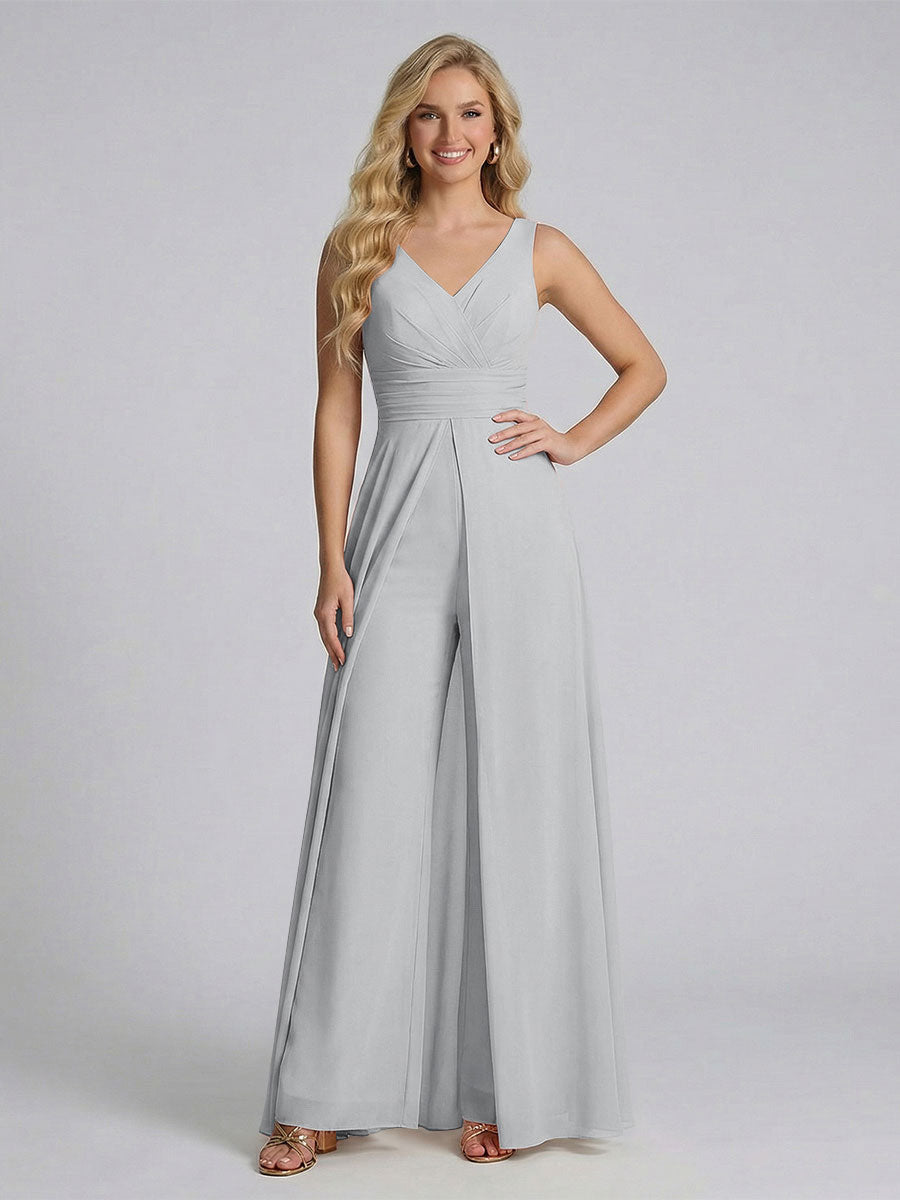 Jumpsuit V-Neck Sleeveless Chiffon Bridesmaid Dresses with Split Side Silver