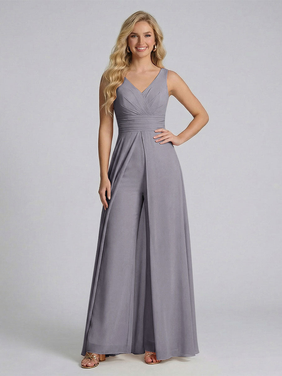 Jumpsuit V-Neck Sleeveless Chiffon Bridesmaid Dresses with Split Side Silver Gray
