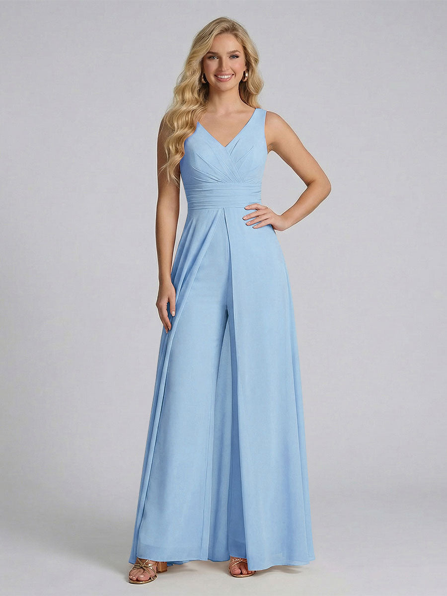 Jumpsuit V-Neck Sleeveless Chiffon Bridesmaid Dresses with Split Side Sky Blue