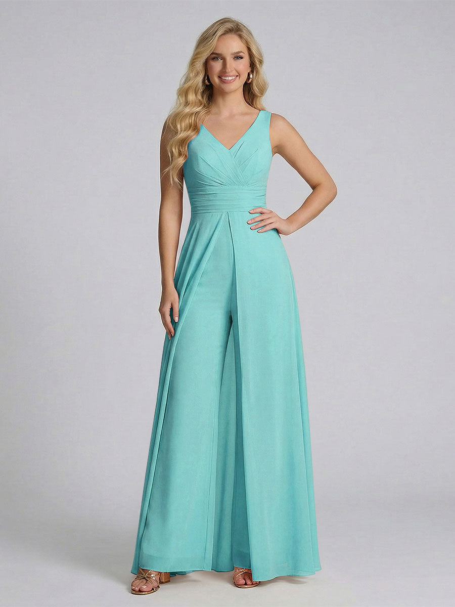 Jumpsuit V-Neck Sleeveless Chiffon Bridesmaid Dresses with Split Side Spa