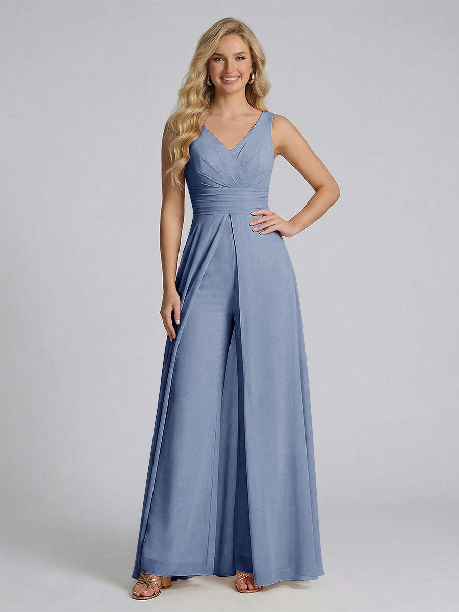 Jumpsuit V-Neck Sleeveless Chiffon Bridesmaid Dresses with Split Side Steel Blue