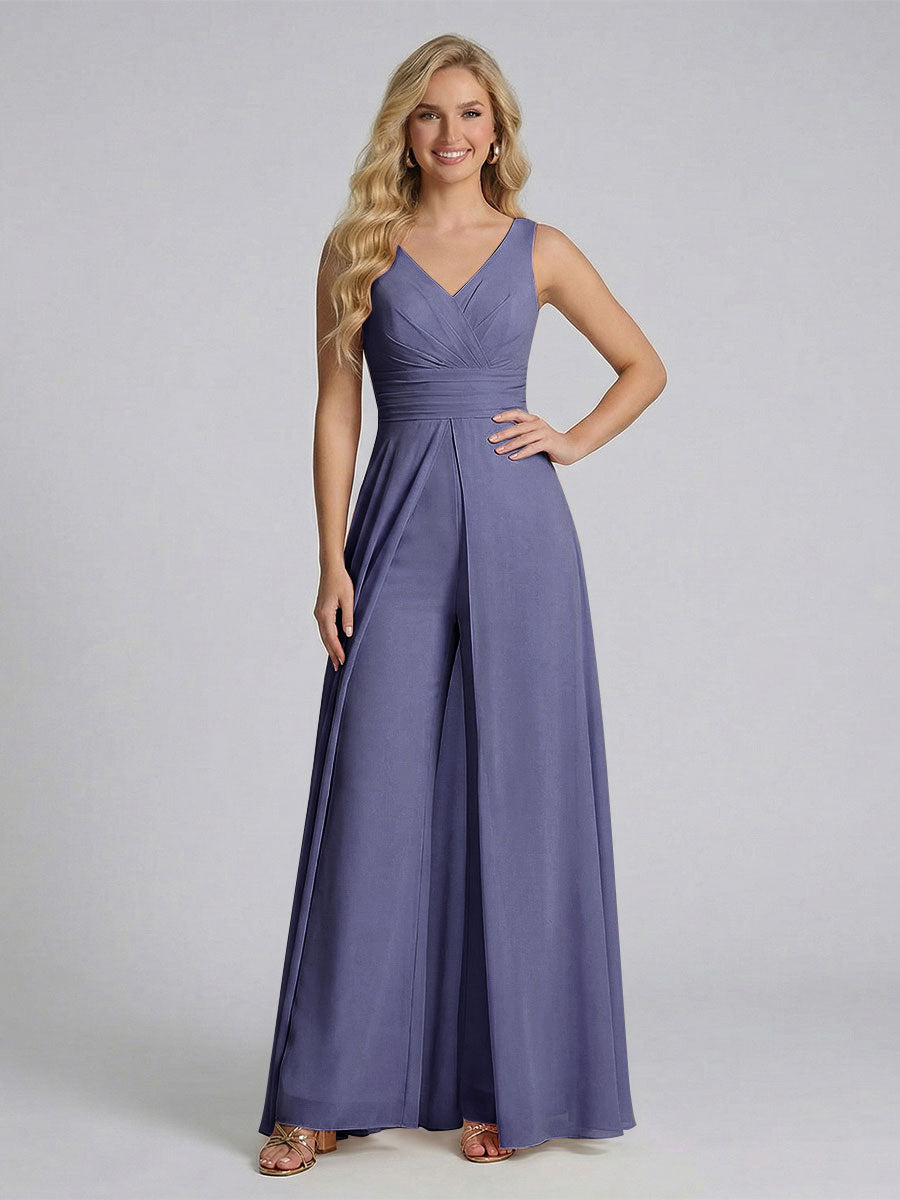 Jumpsuit V-Neck Sleeveless Chiffon Bridesmaid Dresses with Split Side Stormy Blue