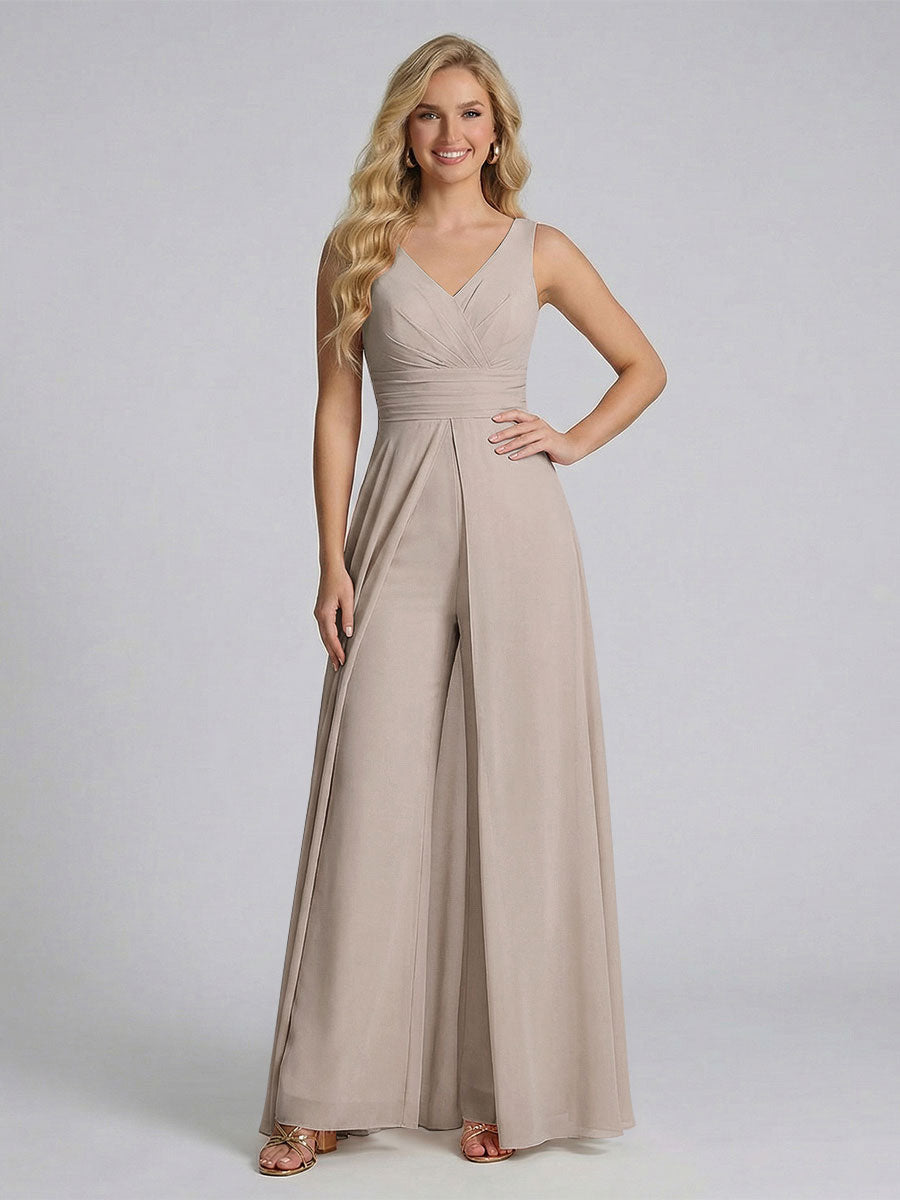 Jumpsuit V-Neck Sleeveless Chiffon Bridesmaid Dresses with Split Side Taupe