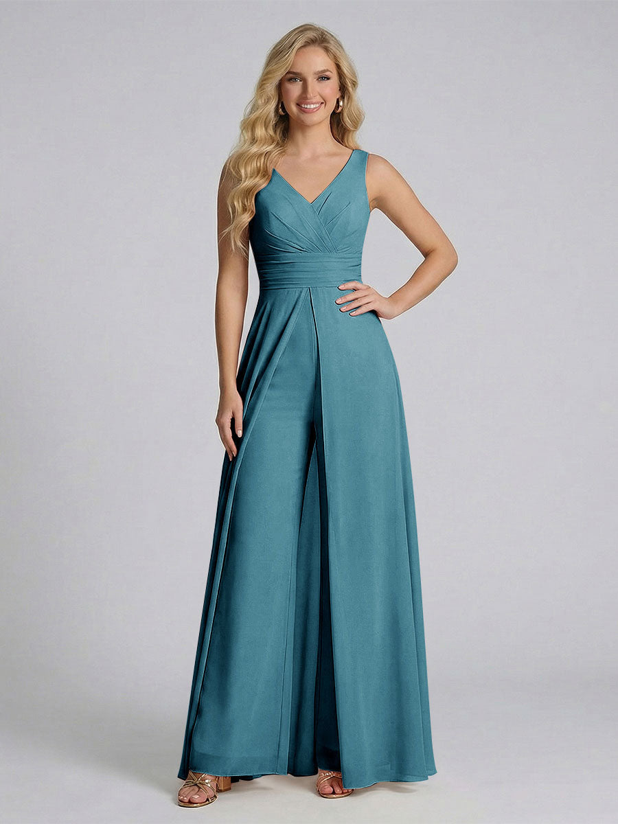 Jumpsuit V-Neck Sleeveless Chiffon Bridesmaid Dresses with Split Side Teal