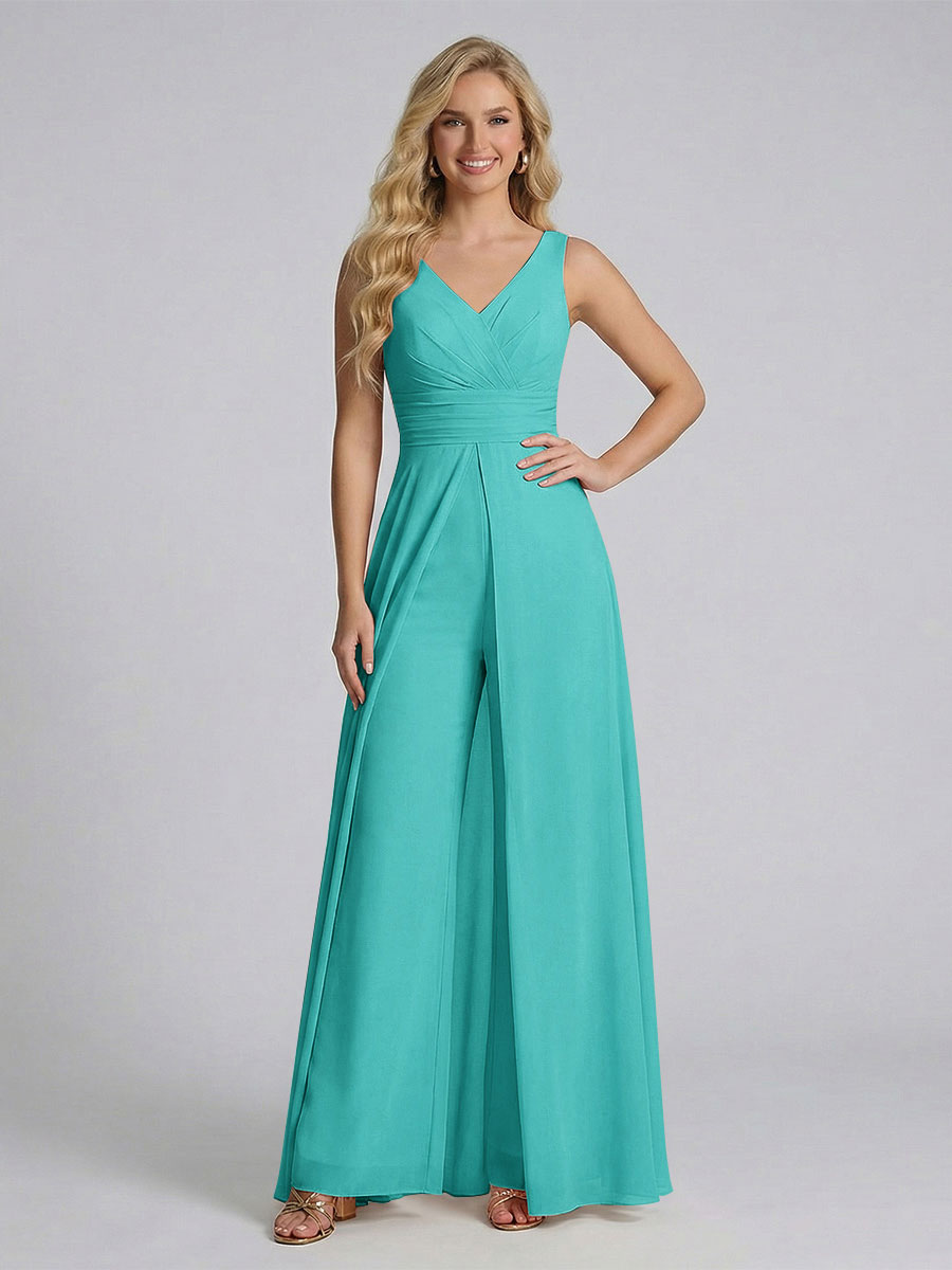 Jumpsuit V-Neck Sleeveless Chiffon Bridesmaid Dresses with Split Side Turquoise