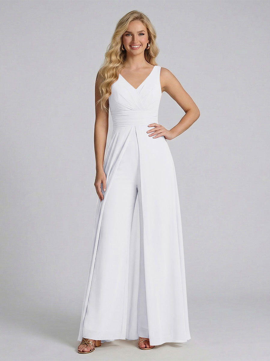 Jumpsuit V-Neck Sleeveless Chiffon Bridesmaid Dresses with Split Side White